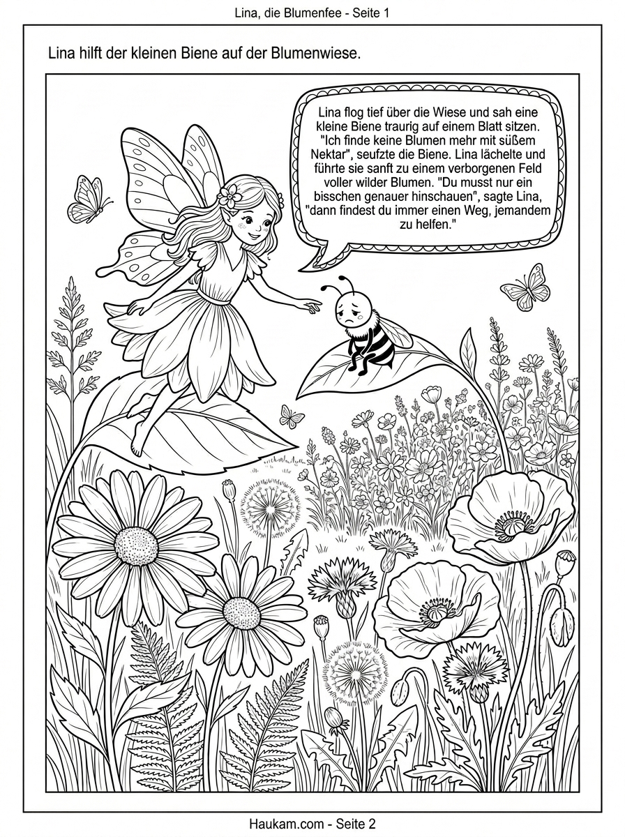 Ausmalbild Blumen für Kinder: 5 zauberhafte Mal-Abenteuer mit der Blumenfee Lina zum kostenlosen Ausdrucken 1 Ausmalbild Blumen: Blumenfee Lina hilft einer Biene auf einer Sommerwiese mit Margeriten und Mohnblumen