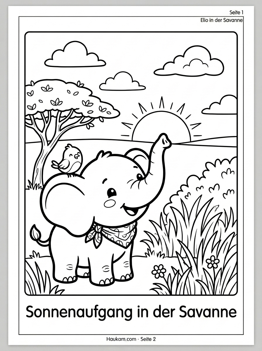 Ausmalbild Elefant für Kinder: Elios fünf Abenteuer als kostenlose Malvorlage zum Ausdrucken 1 Ausmalbild Elefant Elio bei Sonnenaufgang in der Savanne mit Vogel Pip und Akazienbaum zum Ausmalen für Kinder