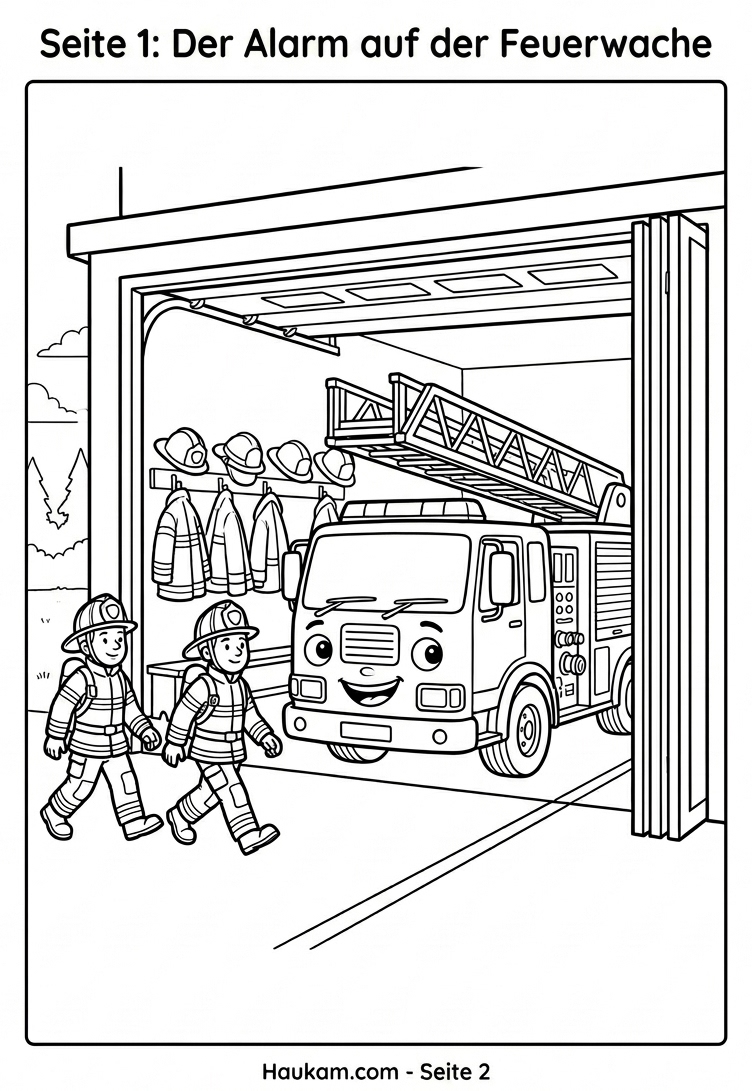 Ausmalbild Feuerwehrauto zum Ausdrucken: 5 spannende Mal-Abenteuer für kleine Feuerwehrhelden 1 Ausmalbild Feuerwehrauto zum Ausdrucken: Felix steht bereit in der Feuerwehrstation, während die Feuerwehrleute ihre Ausrüstung anlegen – Schwarz-Weiß-Malvorlage für Kinder