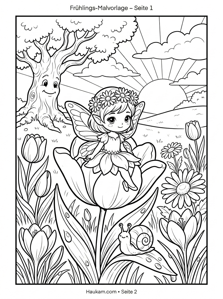 Ausmalbild Frühling : 5 zauberhafte Malvorlagen für Kinder zum kostenlosen Ausdrucken 1 Ausmalbild Frühling: Feenmädchen Lina sitzt auf einer Tulpe und weckt mit ihrem Zauberstab Gänseblümchen und Krokusse auf einer Frühlingswiese