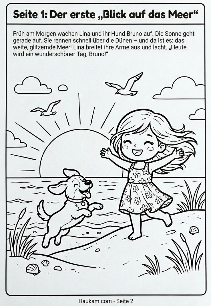 Ausmalbild Strand für Kinder: 5 kostenlose Ausmalbilder zum Ausdrucken mit einer Sommergeschichte für kleine Strandentdecker 1 Ausmalbild Strand: Mädchen und Hund stehen bei Sonnenaufgang auf einer Düne und blicken aufs Meer – kostenlose Malvorlage für Kinder