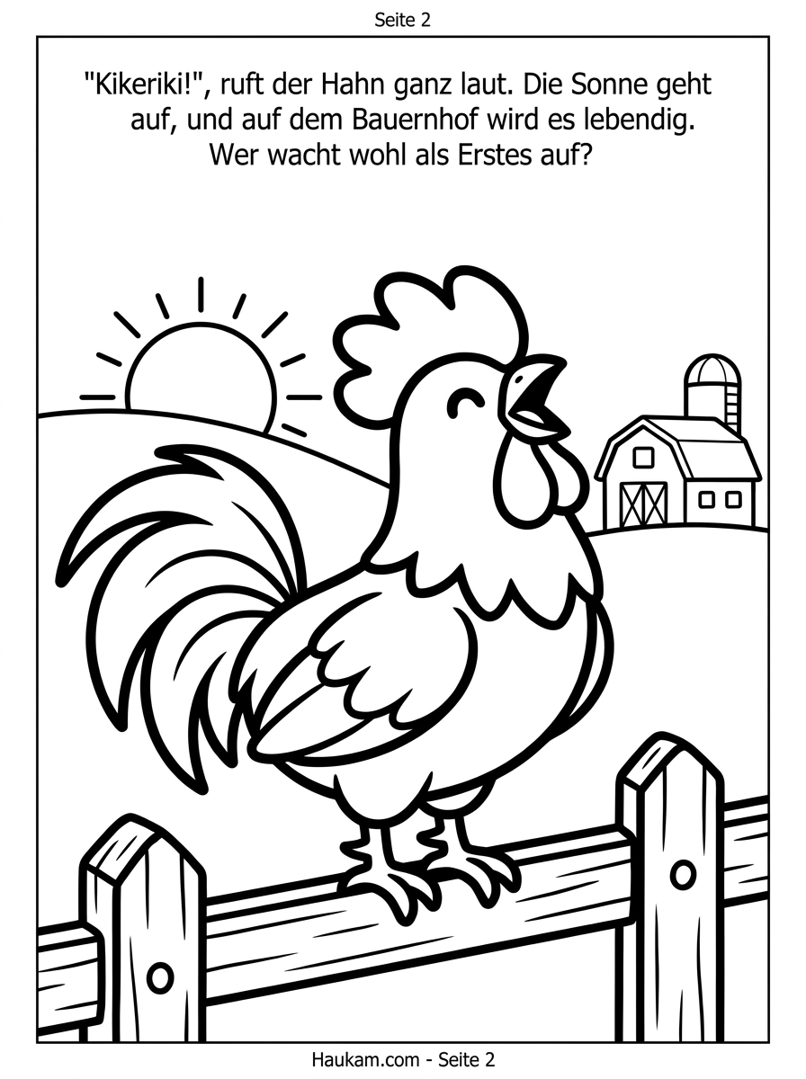 Bauernhoftiere Ausmalbilder zum Ausdrucken: Eine Hofgeschichte mit 5 Malvorlagen für Kinder 1 Schwarz-weißes Ausmalbild eines krähenden Hahns auf einem Bauernhof, Malvorlage für Kinder zum Ausdrucken