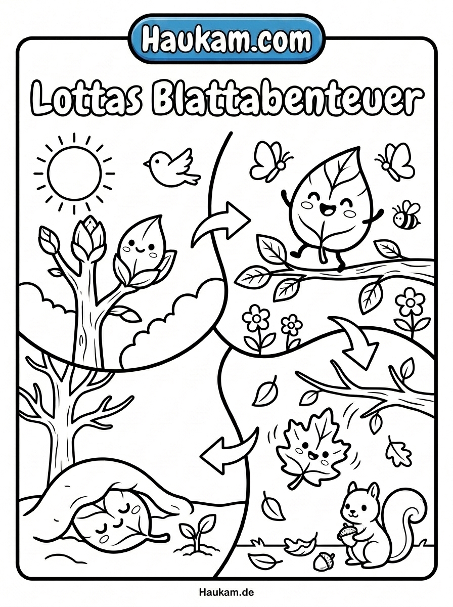 Blatt Ausmalbild für Kinder kostenlos ausdrucken: Eine zauberhafte Jahreszeiten-Geschichte zum Ausmalen in 5 Teilen 1 Schwarz-weiße Ausmalvorlage eines kleinen Blattes, das im Frühling aus einer Baumknospe wächst, mit Sonne, Wolken und einem Vogel im Hintergrund – kostenloses Blatt Ausmalbild für Kinder.
