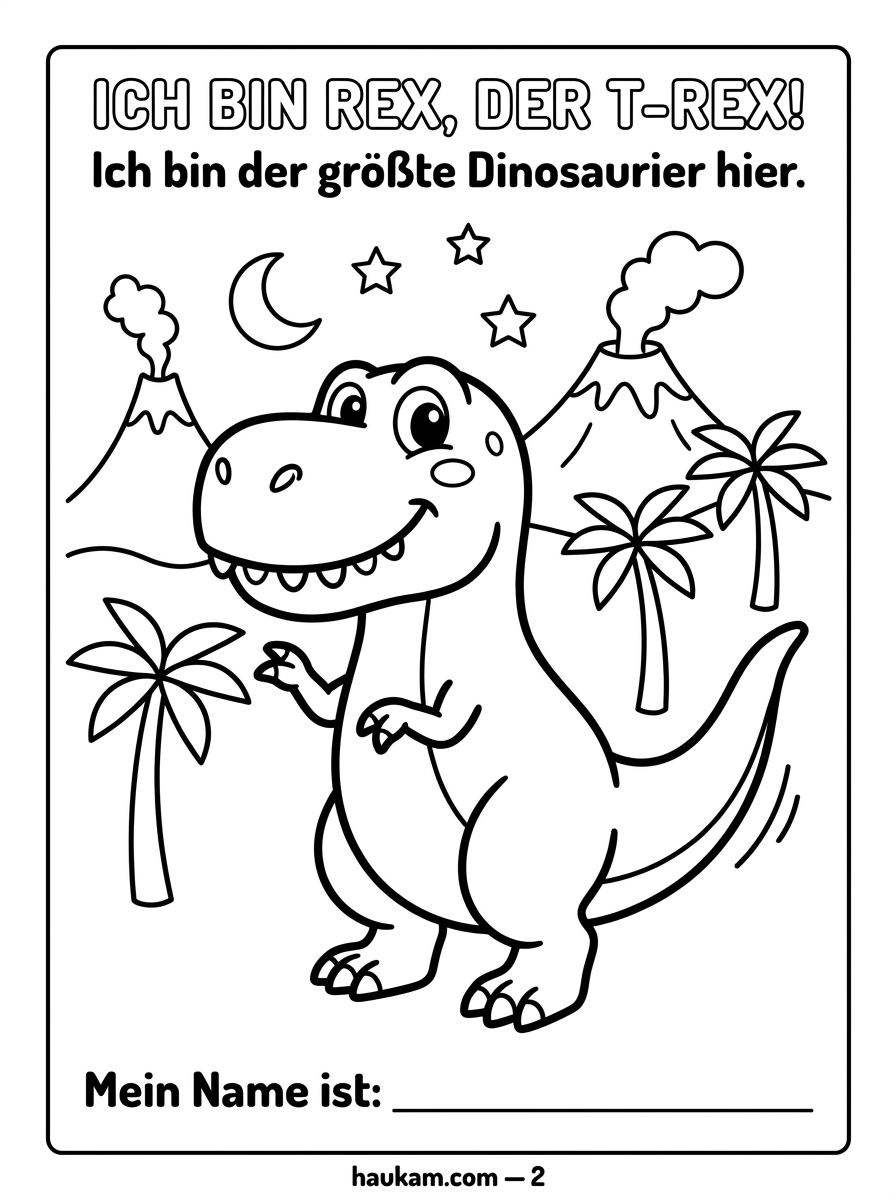 Dinosaurier Ausmalbilder kostenlos zum Ausdrucken für Kinder – 5 Seiten voller Urzeit-Abenteuer für kleine Künstler ab 3 Jahren 1 Ein freundlicher, winkender T-Rex vor Vulkanen und Sternenhimmel.
