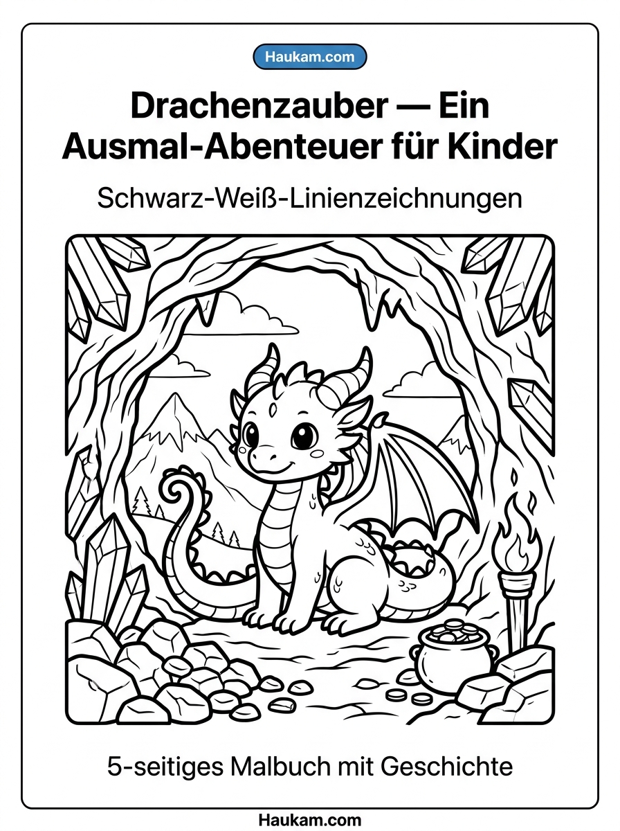Drache Ausmalbild mit Geschichte: 5 zauberhafte Malvorlagen für Kinder, die Abenteuer lieben und träumen 1 Drache Ausmalbild Seite 1 – kleiner Drache Funken sitzt in einer Kristallhöhle und blickt auf Berge, Linienzeichnung für Kinder