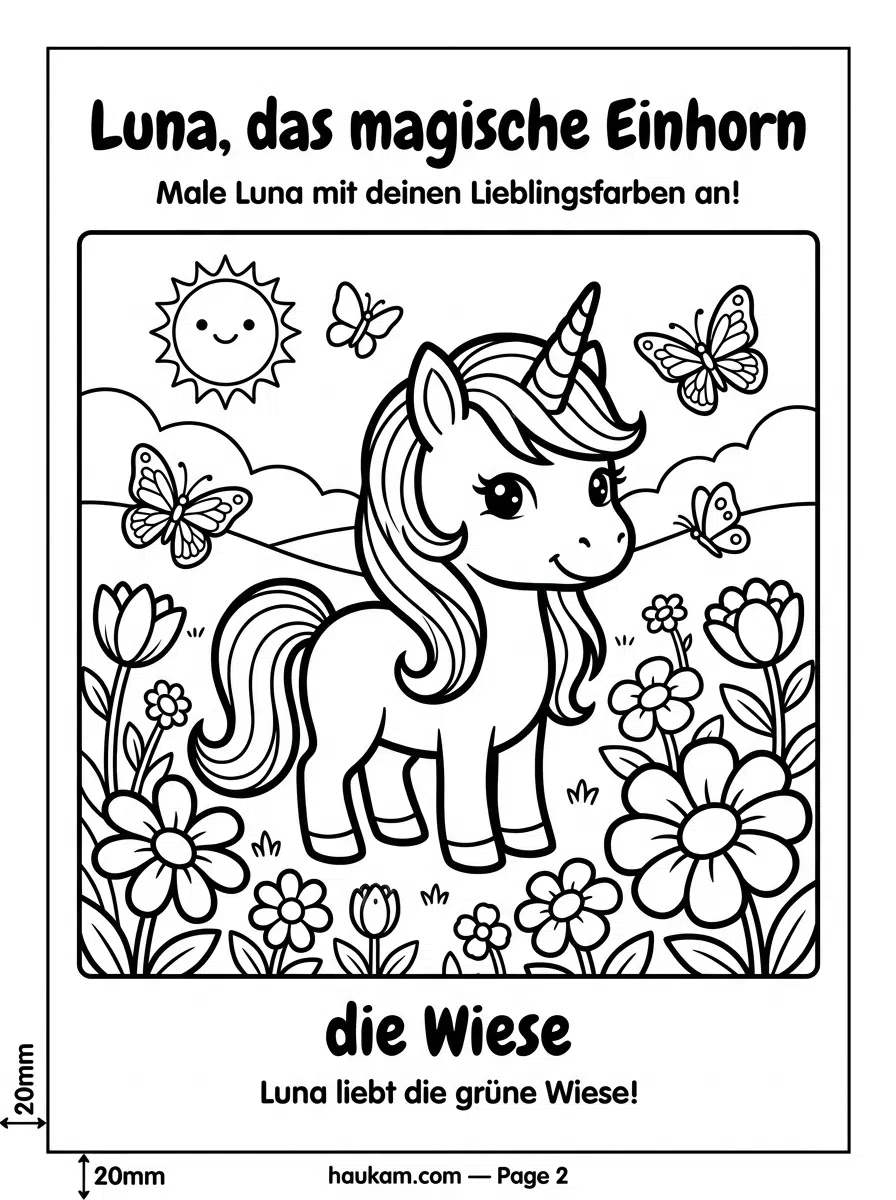 Einhorn Ausmalbilder kostenlos ausdrucken für Kinder: 5 zauberhafte Malvorlagen, die kleine Künstlerherzen höherschlagen lassen 1 Einhorn Ausmalbild für Kinder kostenlos ausdrucken – Einhorn Finja steht neben einem alten Steinbrunnen mit Wildblumen und sanften Hügeln im Hintergrund, schwarzweiße Malvorlage für Kinder ab 4 Jahren