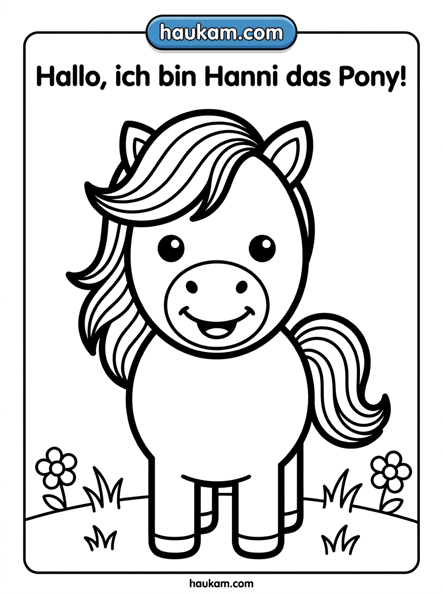 Pferde Ausmalbilder einfach für Kindergarten kostenlos ausdrucken – 5 zauberhafte Malvorlagen für kleine Pferdefans 1 Ausmalbilder Pferde einfach für Kindergarten – ein freundliches rundes Pony steht frontal mit großen Augen und breitem Lächeln, umgeben von einfachen Blumen und Grashalmen, Schwarz-Weiß Linienzeichnung zum Ausdrucken