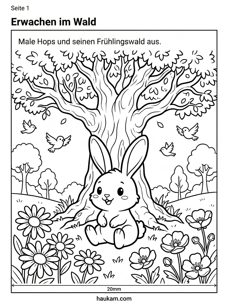 Ausmalbilder Osterhase kostenlos ausdrucken – „Hops und das Frühlingsabenteuer": 5 Malvorlagen für Kinder von 3 bis 8 Jahren 1 Ausmalbild Osterhase Hops wacht im Frühling unter einer großen Eiche auf einer Blumenwiese auf. Klar gezeichnete Malvorlage mit Gänseblümchen, Butterblumen und Vögeln am Himmel für Kleinkinder.