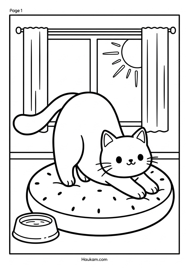 Bilder zum Ausmalen Katze für Kinder: Die Mimi-Reihe in 5 liebevollen Etappen 1 Mimi streckt sich morgens im Bett – Ausmalbild aus der Serie Bilder zum Ausmalen Katze für Kinder