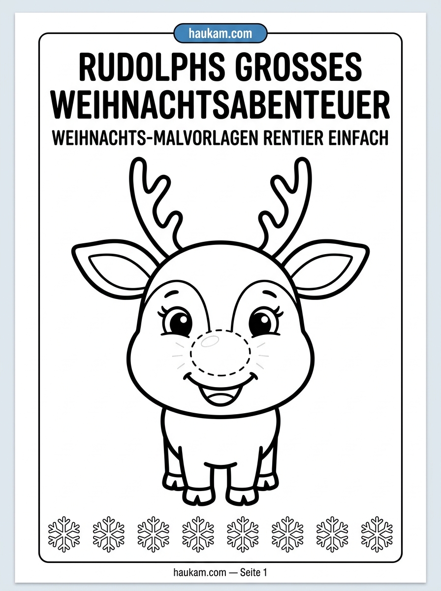 Kostenlose Weihnachten Ausmalbilder Rentier einfach : Rudolfs großes Weihnachtsabenteuer 1 Weihnachten Ausmalbilder Rentier einfach — Rudolf das Rentier mit roter Nase frontal, dicke Outlines, kostenlos ausdrucken für Kinder