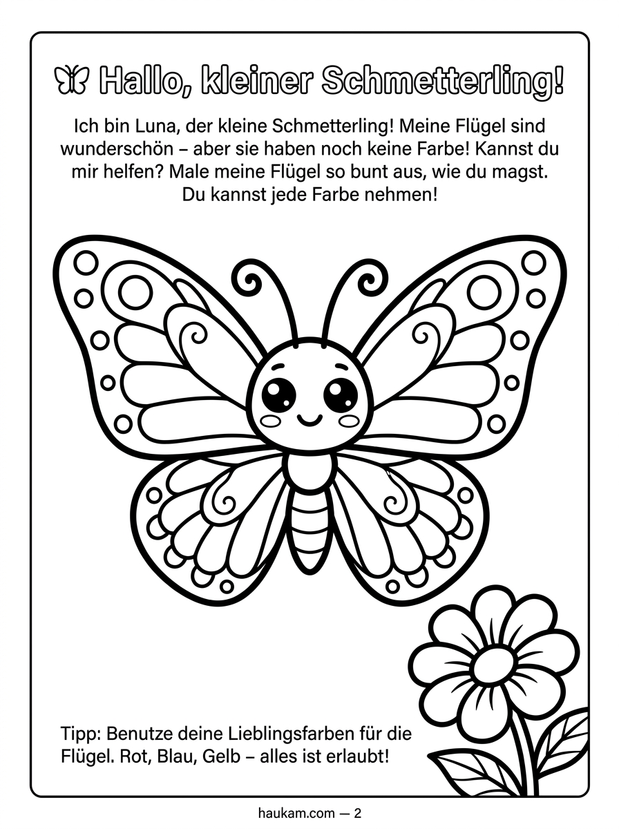 5 bezaubernde Schmetterlinge Ausmalbilder kostenlos zum Ausdrucken – Malvorlagen für Kinder von 2 bis 12 Jahren mit Geschichte, Natur und Mandala 1 Großer lächelnder Schmetterling mit dicken schwarzen Konturen und einem Lächeln im Gesicht – einfache Malvorlage für Kleinkinder ab 2 Jahren. Schmetterlinge Ausmalbilder kostenlos zum Ausdrucken