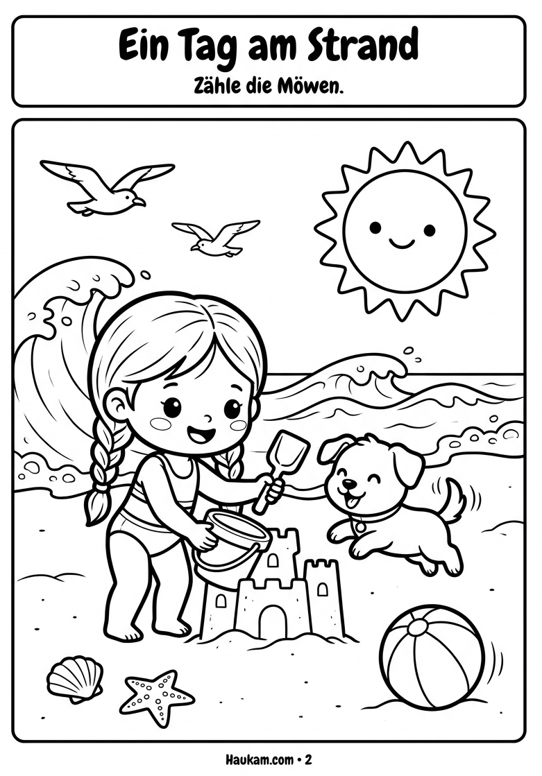Sommerbilder zum Ausmalen: 5 zauberhafte Ausmalseiten für eine kreative Sommerzeit mit Kindern 1 Schwarz-weiße Ausmalseite mit Mädchen, das am Strand eine Sandburg baut, während ein Hund den Möwen hinterherläuft – Sommerbilder zum Ausmalen für Kinder