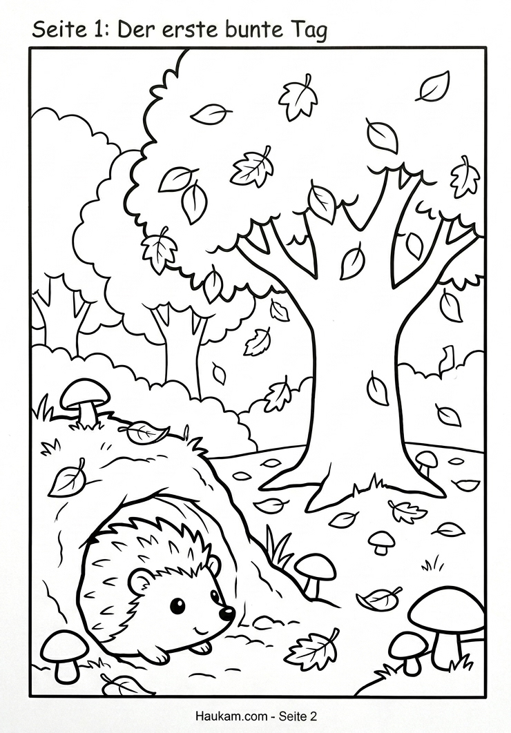 Ausmalbild Herbst für Kinder: 5 zauberhafte Ausmalvorlagen mit Igel-Geschichte zum kostenlosen Ausdrucken 1 „Ausmalbild Herbst: kleiner Igel Finja schaut aus seiner Höhle in einen bunten Herbstwald mit fallenden Blättern"