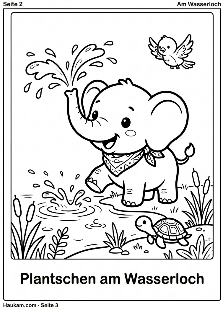 Ausmalbild Elefant für Kinder: Elios fünf Abenteuer als kostenlose Malvorlage zum Ausdrucken 2 Ausmalbild Elefant Elio plantscht am Wasserloch mit Schildkröte und Vogel Pip, kostenlose Malvorlage zum Ausdrucken