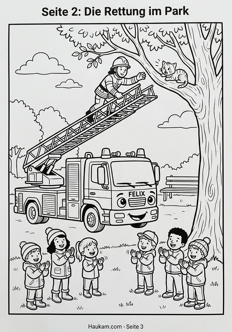 Ausmalbild Feuerwehrauto zum Ausdrucken: 5 spannende Mal-Abenteuer für kleine Feuerwehrhelden 2 Ausmalbild Feuerwehrauto: Felix rettet mit seiner Drehleiter ein Kätzchen aus einem Baum im Park – kostenlose Malvorlage für Kinder