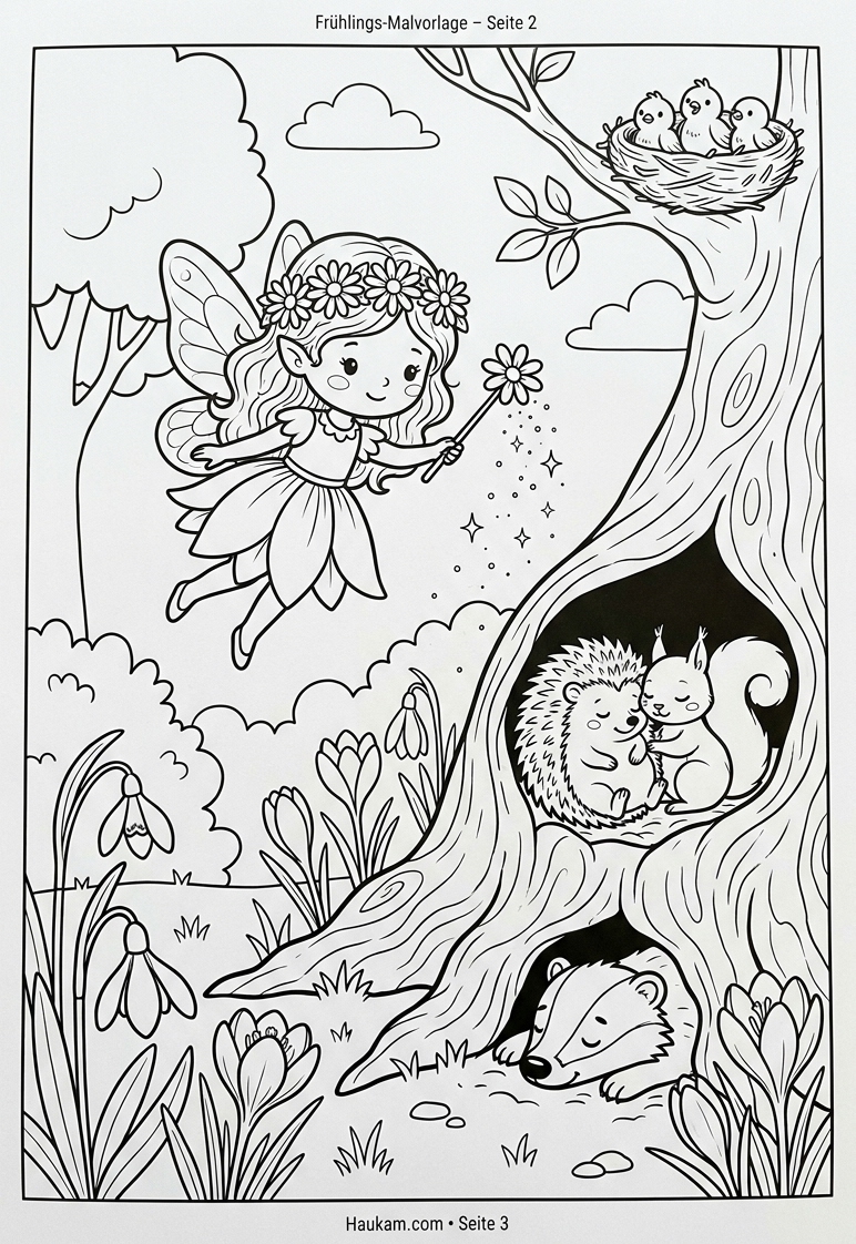 Ausmalbild Frühling : 5 zauberhafte Malvorlagen für Kinder zum kostenlosen Ausdrucken 2 Ausmalbild Frühling: Schlafender Igel und Eichhörnchen in einer Waldhöhle, sanft geweckt von der Frühlingsfee Lina