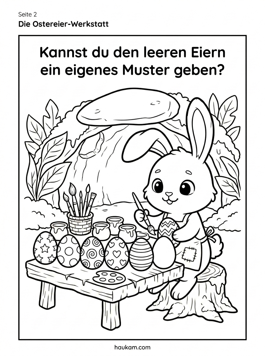 Ausmalbilder Osterhase kostenlos ausdrucken – „Hops und das Frühlingsabenteuer": 5 Malvorlagen für Kinder von 3 bis 8 Jahren 2 Malvorlage Osterhasen-Werkstatt mit Hase Hops am Holztisch mit Pinseln und Farbtöpfen. Zwölf Ostereier zum Ausmalen und selbst Gestalten – sechs mit Mustern wie Sternen und Spiralen, sechs komplett weiß.