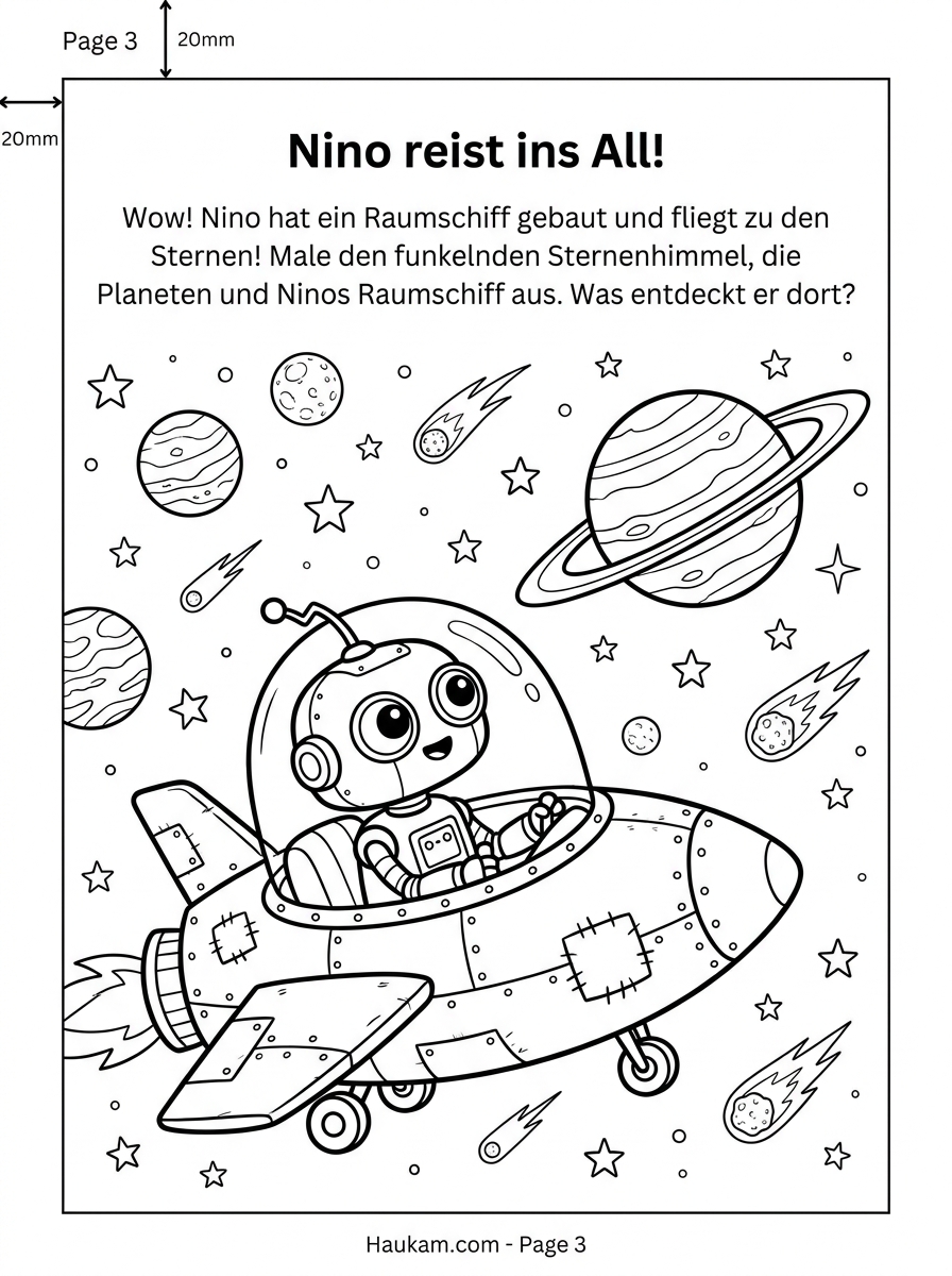 Ausmalbilder Roboter zum Ausdrucken: 5 kostenlose Malvorlagen für kleine Technikfans 2 Ausmalbild Roboter Nino im Raumschiff zwischen Planeten und Kometen, Weltall Malvorlage für Kinder