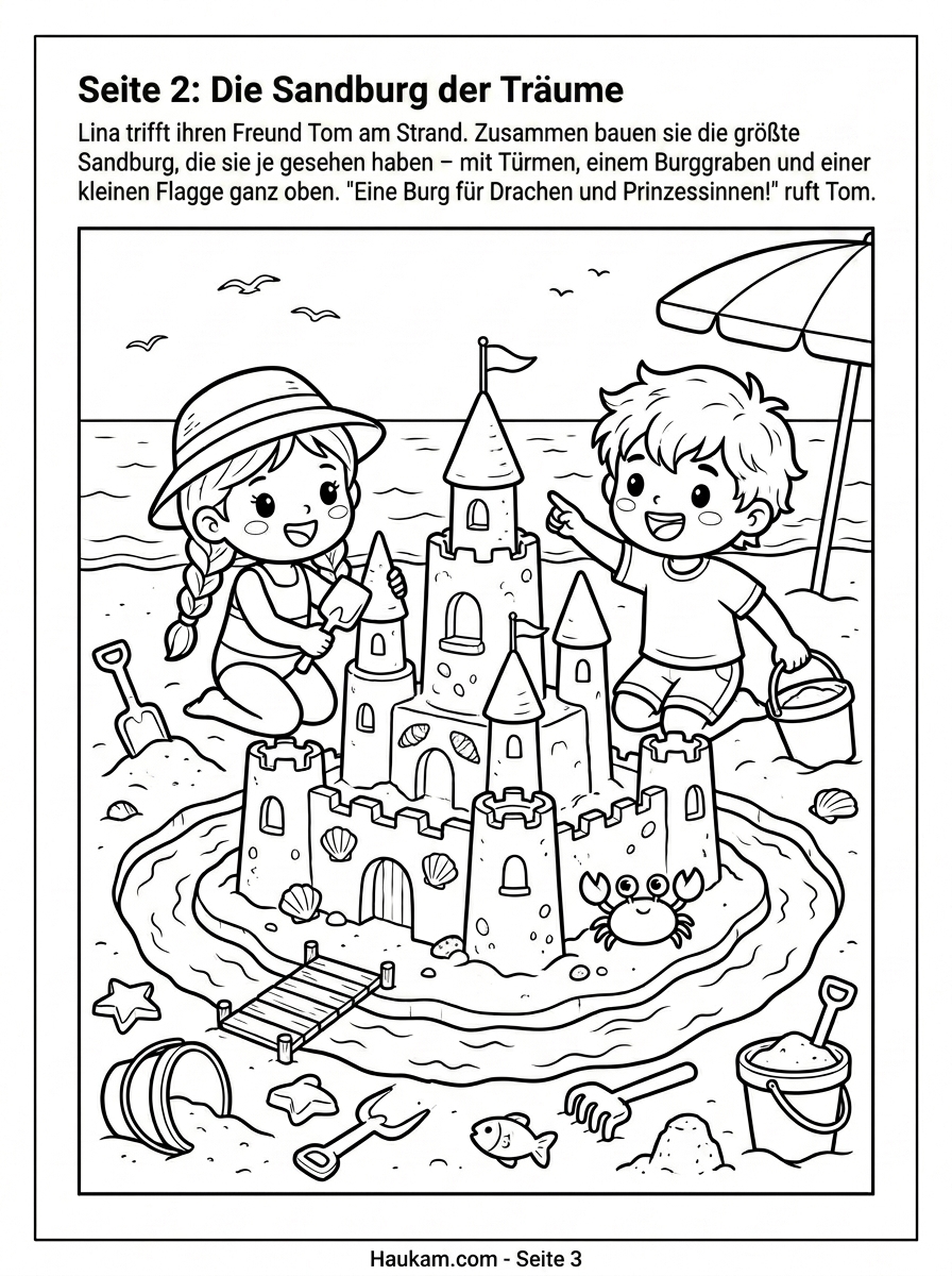 Ausmalbild Strand für Kinder: 5 kostenlose Ausmalbilder zum Ausdrucken mit einer Sommergeschichte für kleine Strandentdecker 2 Ausmalbild Strand: Zwei Kinder bauen am Strand eine große Sandburg mit Türmen und Fahne – Malvorlage zum Ausdrucken