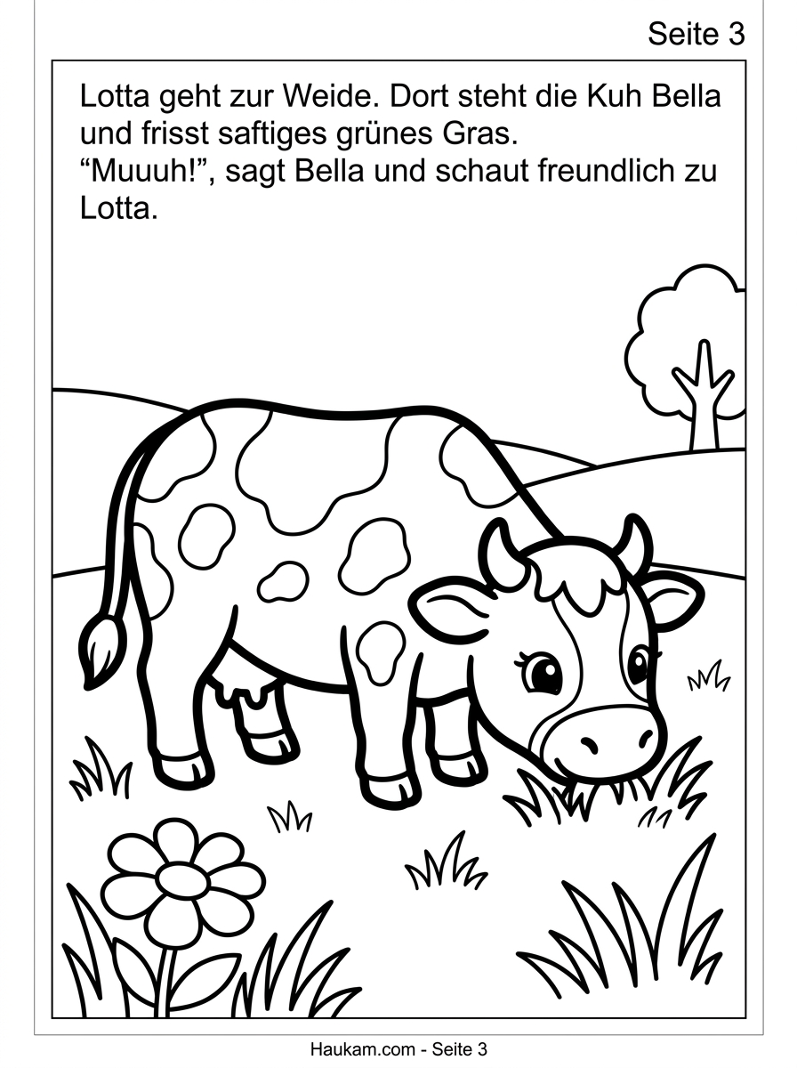 Bauernhoftiere Ausmalbilder zum Ausdrucken: Eine Hofgeschichte mit 5 Malvorlagen für Kinder 2 Schwarz-weißes Ausmalbild einer grasenden Kuh auf der Weide, einfache Malvorlage für kleine Kinder