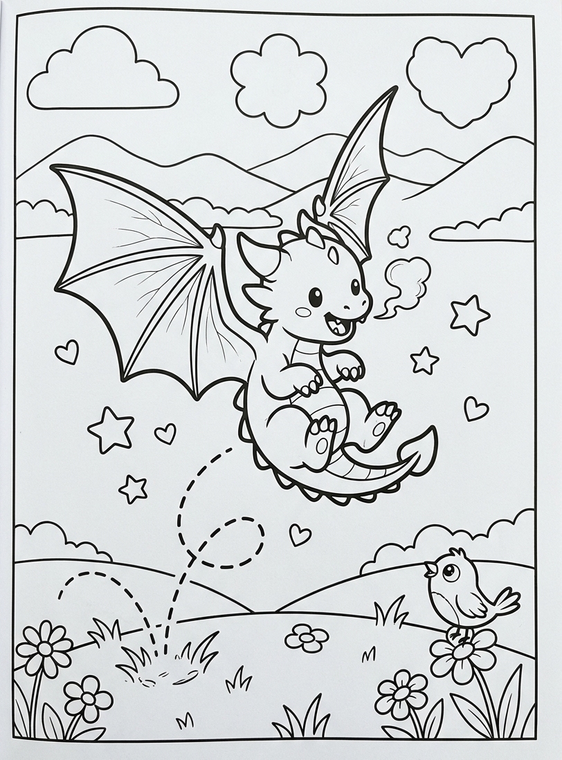 Drache Ausmalbild mit Geschichte: 5 zauberhafte Malvorlagen für Kinder, die Abenteuer lieben und träumen 2 Drache Ausmalbild Seite 2 – Drache Funken fliegt tollpatschig mit ausgebreiteten Flügeln über Hügel, Malvorlage schwarz-weiß