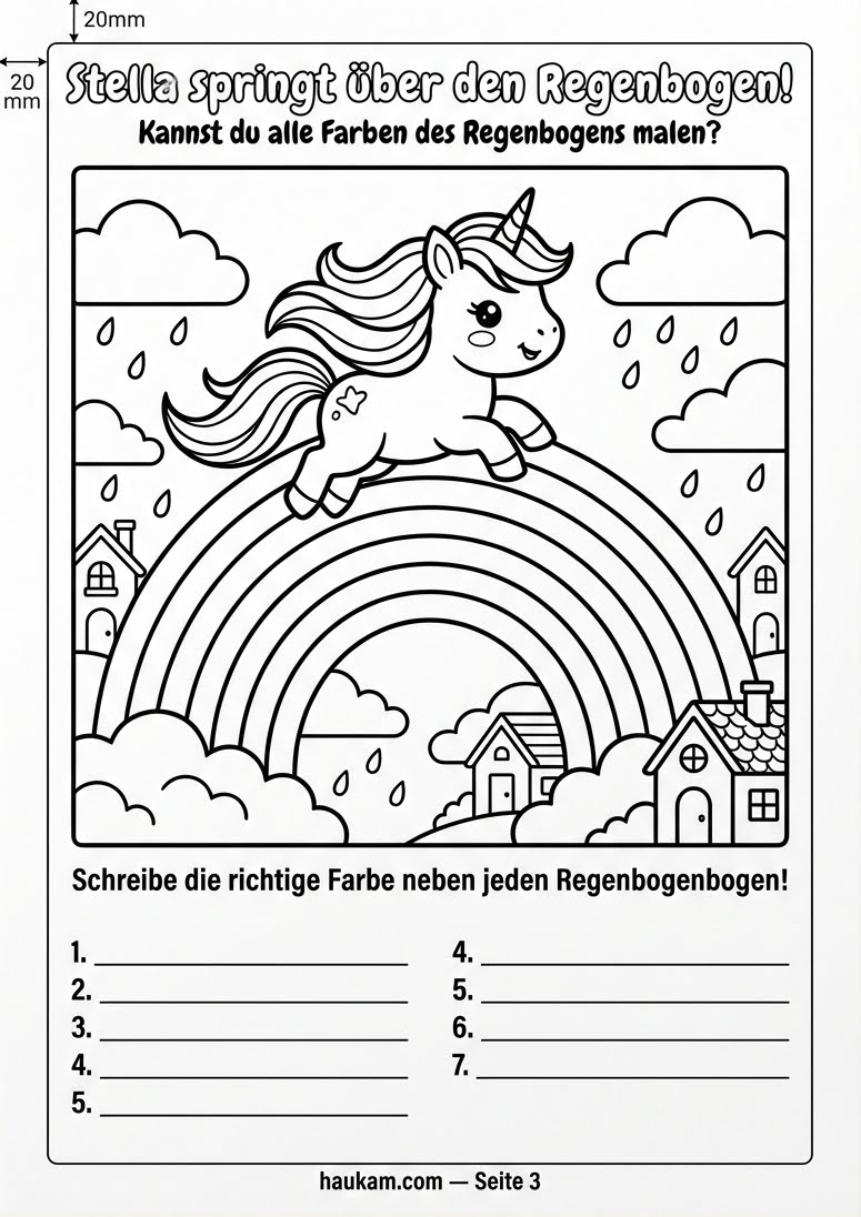 Einhorn Ausmalbilder kostenlos ausdrucken für Kinder: 5 zauberhafte Malvorlagen, die kleine Künstlerherzen höherschlagen lassen 2 Einhorn Ausmalbilder kostenlos ausdrucken für Kinder – springendes Einhorn Stella vor großem Regenbogen mit sieben Bögen, Wolken und Regentropfen, schwarzweiße Linienzeichnung als Malvorlage für Grundschulkinder