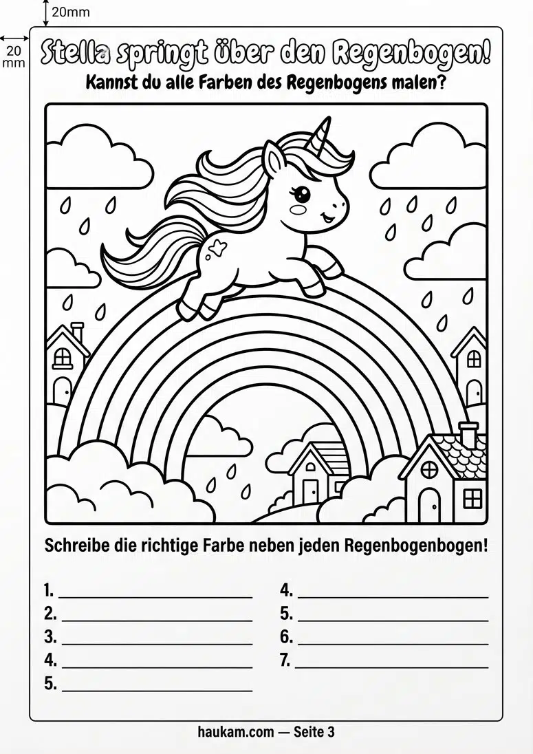 Einhorn Ausmalbilder kostenlos ausdrucken für Kinder: 5 zauberhafte Malvorlagen, die kleine Künstlerherzen höherschlagen lassen 2 Einhorn Ausmalbilder kostenlos ausdrucken für Kinder – springendes Einhorn Stella vor großem Regenbogen mit sieben Bögen, Wolken und Regentropfen, schwarzweiße Linienzeichnung als Malvorlage für Grundschulkinder