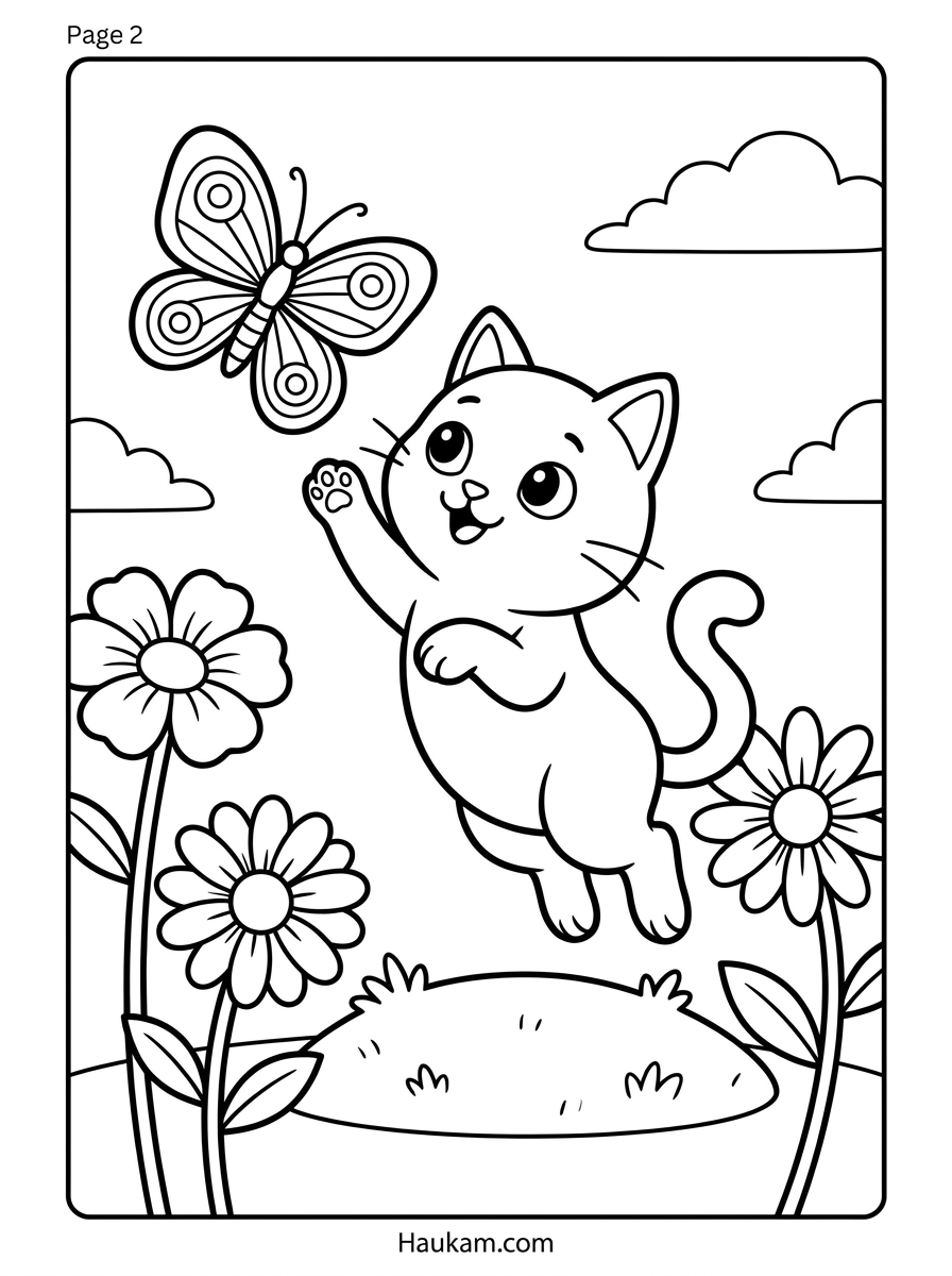 Bilder zum Ausmalen Katze für Kinder: Die Mimi-Reihe in 5 liebevollen Etappen 2 Mimi jagt einem Schmetterling im Garten – Ausmalbild aus der Serie Bilder zum Ausmalen Katze für Kinder