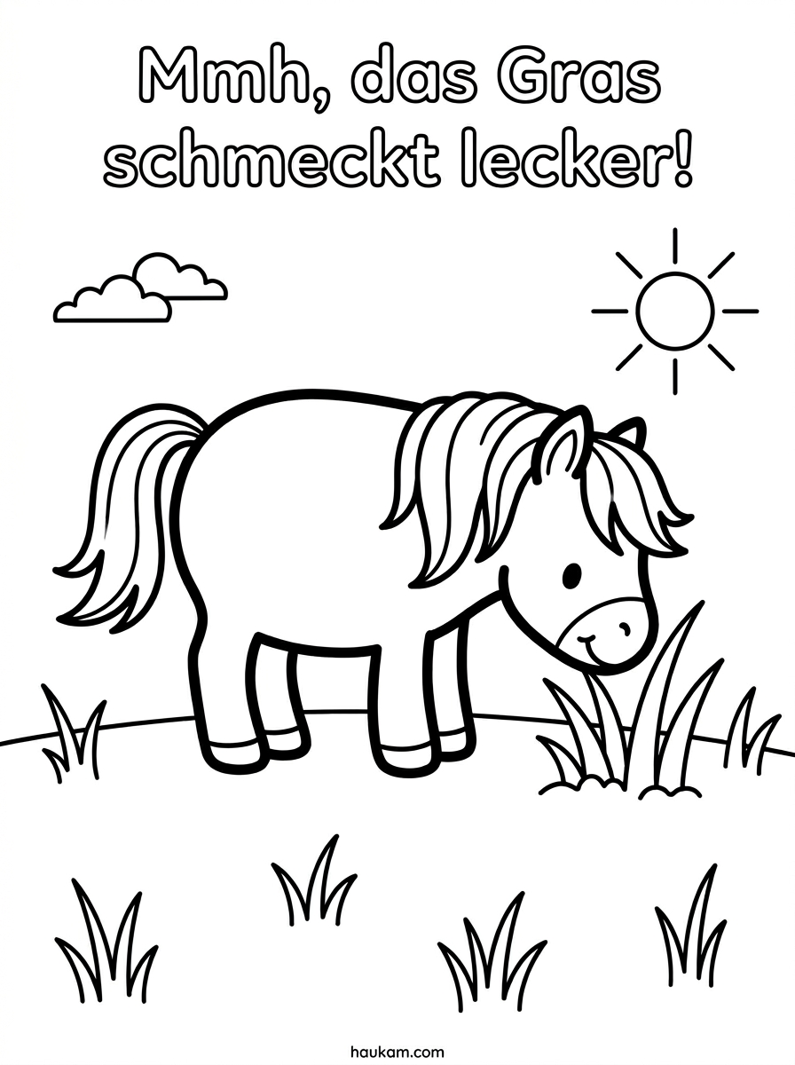 Pferde Ausmalbilder einfach für Kindergarten kostenlos ausdrucken – 5 zauberhafte Malvorlagen für kleine Pferdefans 2 Pony Hanni in Seitenansicht frisst Gras auf einer Wiese mit Sonne und Wolken, einfache Schwarz-Weiß Malvorlage für Kinder zum kostenlosen Ausdrucken