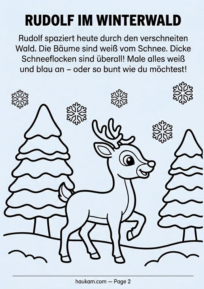 Kostenlose Weihnachten Ausmalbilder Rentier einfach : Rudolfs großes Weihnachtsabenteuer 2 Einfaches Weihnachten Ausmalbild Rentier im Winterwald mit Tannenbäumen und Schneeflocken, schwarz-weiß Malvorlage für Kinder