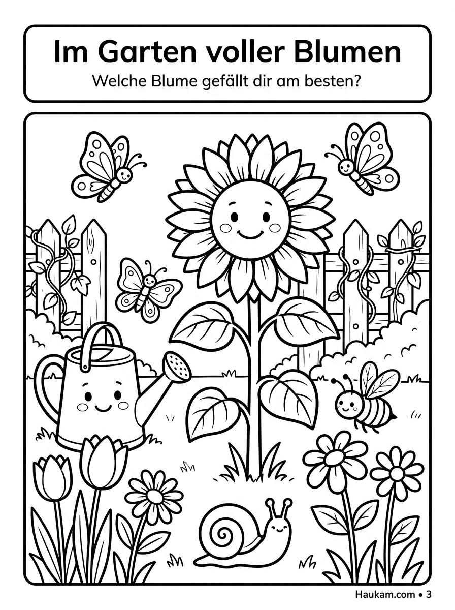Sommerbilder zum Ausmalen: 5 zauberhafte Ausmalseiten für eine kreative Sommerzeit mit Kindern 2 Ausmalbild eines blühenden Sommergartens mit großer Sonnenblume, Schmetterlingen und Schnecke – kostenlose Sommerbilder zum Ausmalen für Kinder