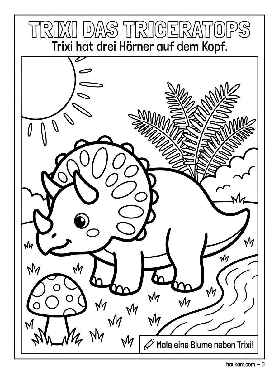 Dinosaurier Ausmalbilder kostenlos zum Ausdrucken für Kinder – 5 Seiten voller Urzeit-Abenteuer für kleine Künstler ab 3 Jahren 2 Dinosaurier Triceratops auf einer Wiese neben einem Fluss.