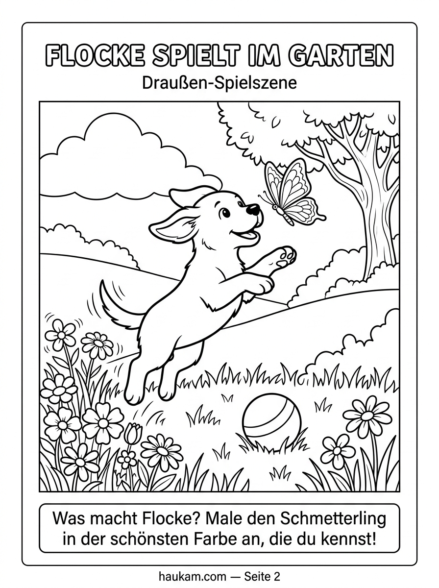 Welpen Ausmalbilder kostenlos ausdrucken: Fünf Seiten, eine Geschichte und ein kleiner Hund namens Flocke 2 Welpen Ausmalbild kostenlos ausdrucken — springender Labrador-Welpe jagt Schmetterling im Garten, Malvorlage mit Blumen und Hügeln für Kinder ab 5 Jahren. Welpen Ausmalbilder kostenlos ausdrucken