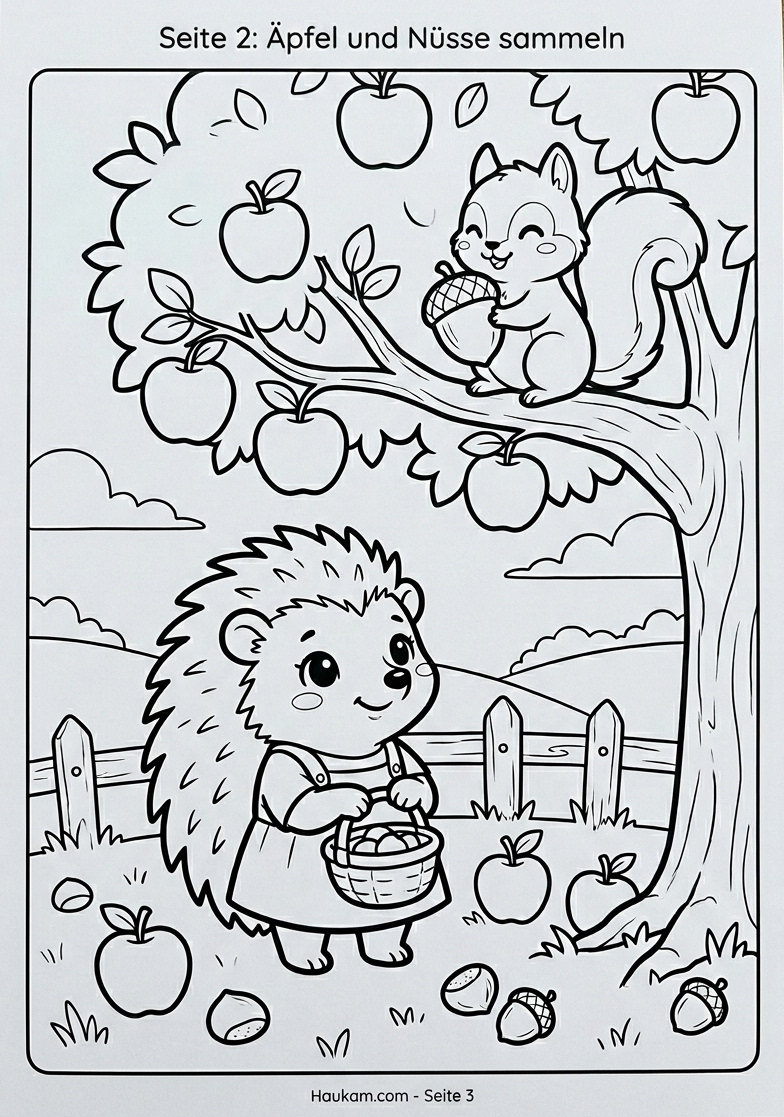 Ausmalbild Herbst für Kinder: 5 zauberhafte Ausmalvorlagen mit Igel-Geschichte zum kostenlosen Ausdrucken 2 „Ausmalbild Herbst: Igel Finja und ein Eichhörnchen sammeln gemeinsam Äpfel und Nüsse unter einem Apfelbaum"