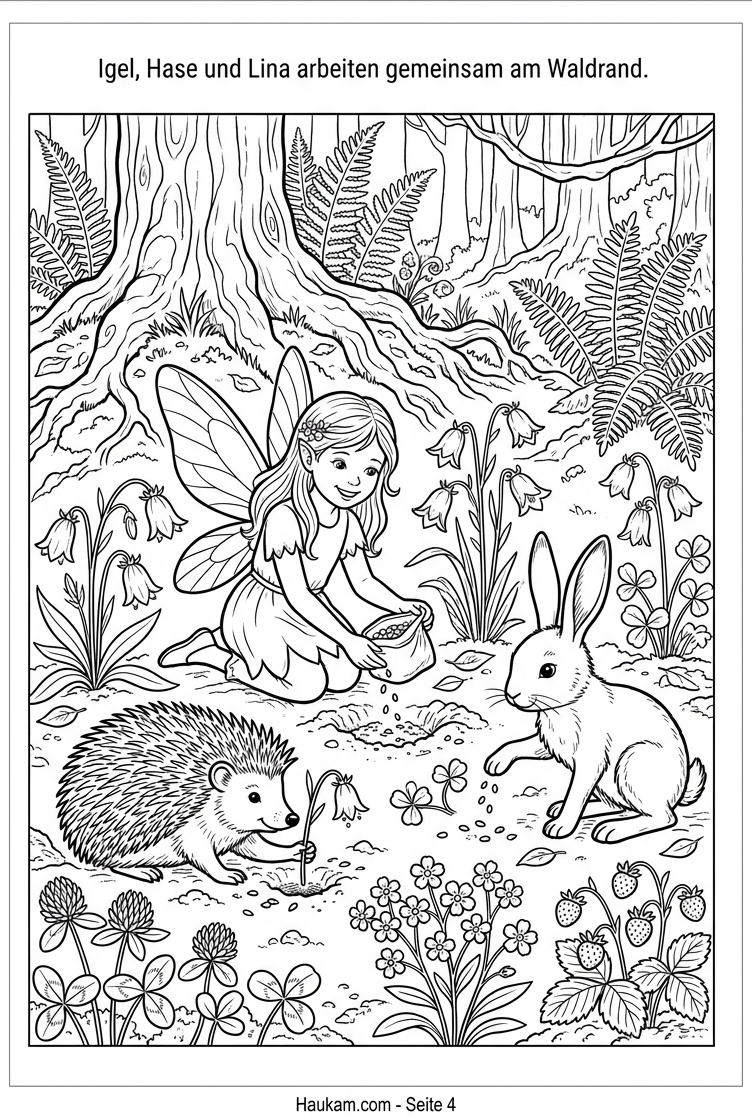 Ausmalbild Blumen für Kinder: 5 zauberhafte Mal-Abenteuer mit der Blumenfee Lina zum kostenlosen Ausdrucken 3 Ausmalbild Blumen: Igel und Hase pflanzen am Waldrand gemeinsam mit Lina Glockenblumen und Klee