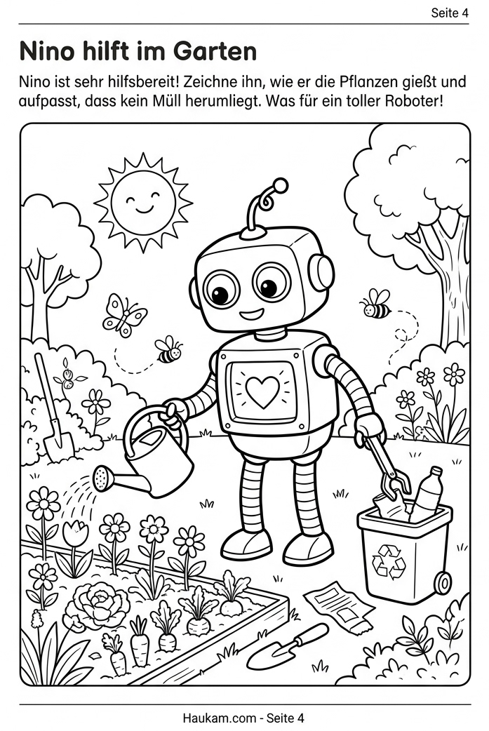 Ausmalbilder Roboter zum Ausdrucken: 5 kostenlose Malvorlagen für kleine Technikfans 3 Ausmalbild Roboter Nino gießt Pflanzen im Gemüsegarten, Malvorlage mit Schmetterlingen für Kinder