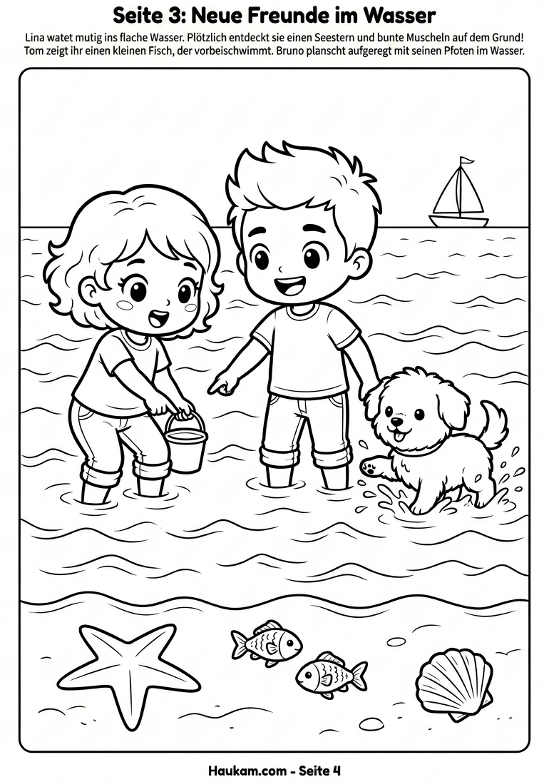 Ausmalbild Strand für Kinder: 5 kostenlose Ausmalbilder zum Ausdrucken mit einer Sommergeschichte für kleine Strandentdecker 3 Ausmalbild Strand: Kinder stehen im flachen Wasser und entdecken Seestern und Fische – Malvorlage für Kinder