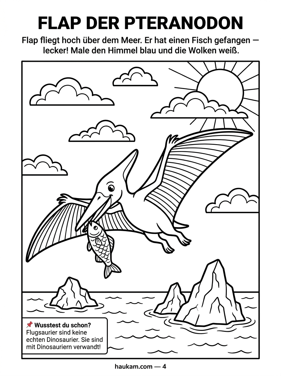 Dinosaurier Ausmalbilder kostenlos zum Ausdrucken für Kinder – 5 Seiten voller Urzeit-Abenteuer für kleine Künstler ab 3 Jahren 3 Ein fliegender Pteranodon mit einem Fisch im Schnabel