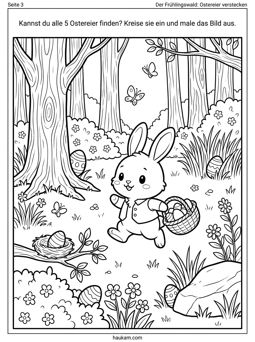 Ausmalbilder Osterhase kostenlos ausdrucken – „Hops und das Frühlingsabenteuer": 5 Malvorlagen für Kinder von 3 bis 8 Jahren 3 Detailreiches Suchspiel und Ausmalbild mit Osterhase Hops, der fünf bemalte Ostereier im Wald versteckt. Komplexe Natur-Malvorlage mit Bäumen, Gebüsch, Gras und einem Vogelnest für Grundschulkinder.