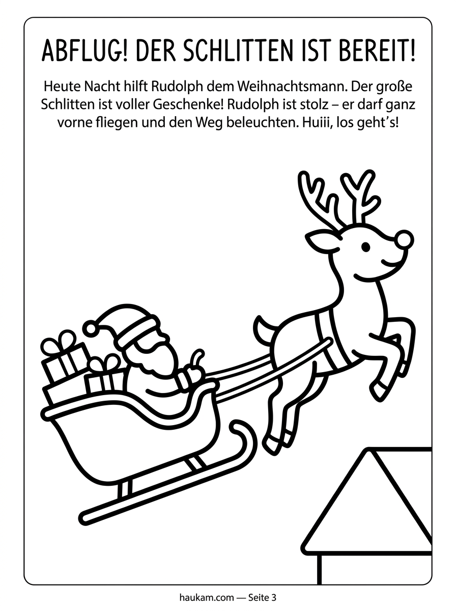 Kostenlose Weihnachten Ausmalbilder Rentier einfach : Rudolfs großes Weihnachtsabenteuer 3 Rentier Rudolf zieht den Nikolaus-Schlitten mit Geschenken, einfaches Weihnachten Ausmalbild schwarz-weiß für Kinder zum Ausdrucken