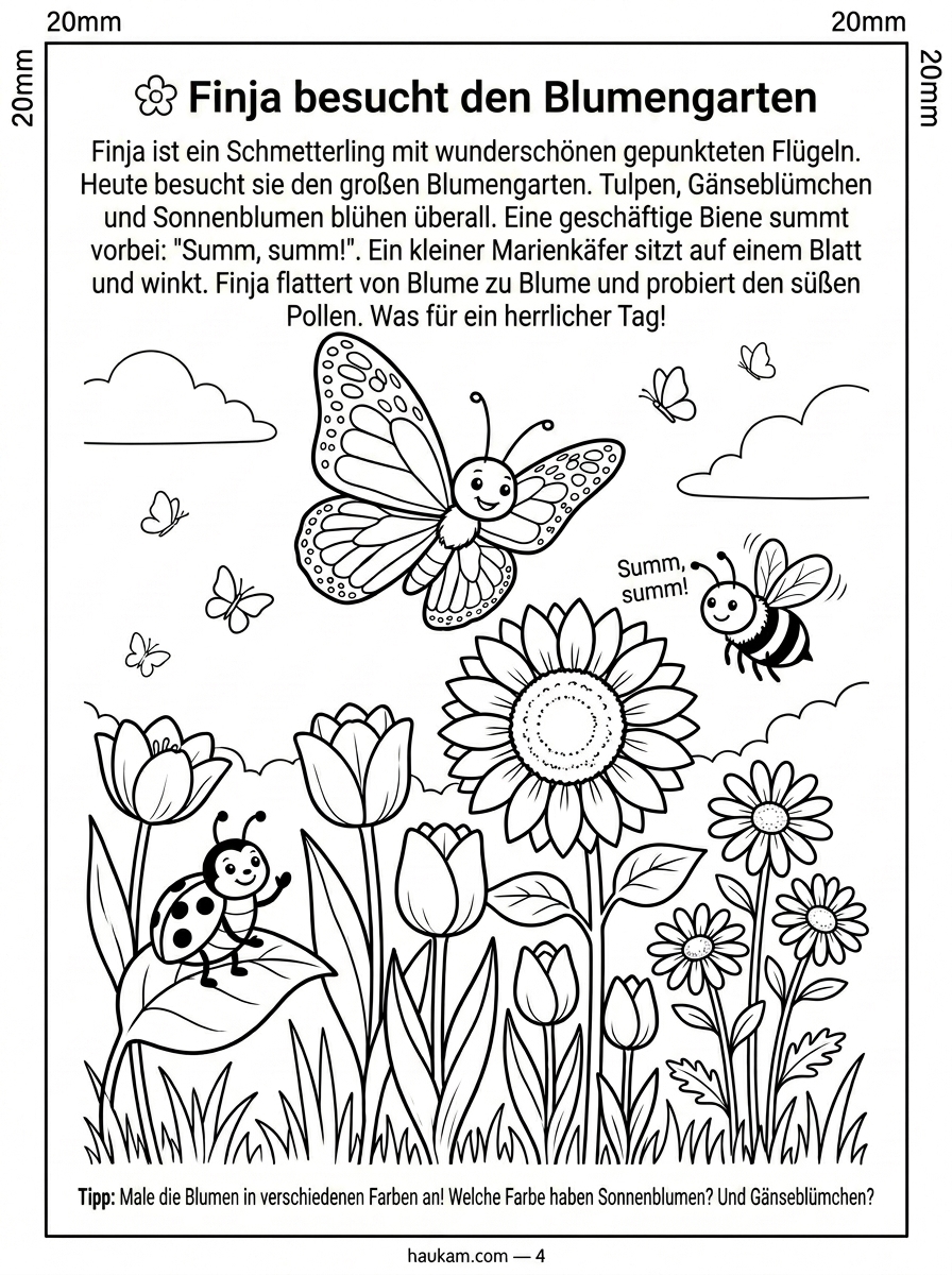 5 bezaubernde Schmetterlinge Ausmalbilder kostenlos zum Ausdrucken – Malvorlagen für Kinder von 2 bis 12 Jahren mit Geschichte, Natur und Mandala 3 Schmetterling fliegt über einen Blumengarten mit Sonnenblume, Tulpe und Gänseblümchen – Ausmalvorlage mit Biene und Marienkäfer für Kinder