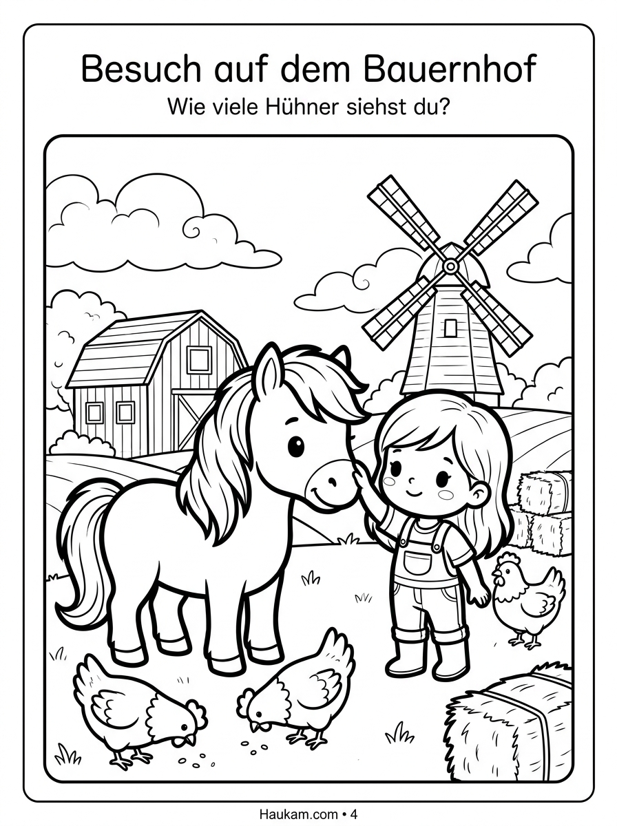 Sommerbilder zum Ausmalen: 5 zauberhafte Ausmalseiten für eine kreative Sommerzeit mit Kindern 3 Schwarz-weiße Malvorlage mit Pony, Hühnern und Windmühle auf einem Bauernhof – Sommerbilder zum Ausmalen für Kinder im Sommer