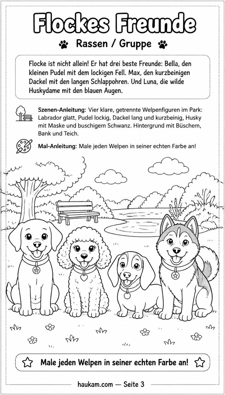Welpen Ausmalbilder kostenlos ausdrucken: Fünf Seiten, eine Geschichte und ein kleiner Hund namens Flocke 3 Hunde Ausmalbilder kostenlos — vier Welpenrassen nebeneinander: Labrador, Pudel, Dackel und Husky als Malvorlage für Kinder ab 6 Jahren zum Ausdrucken