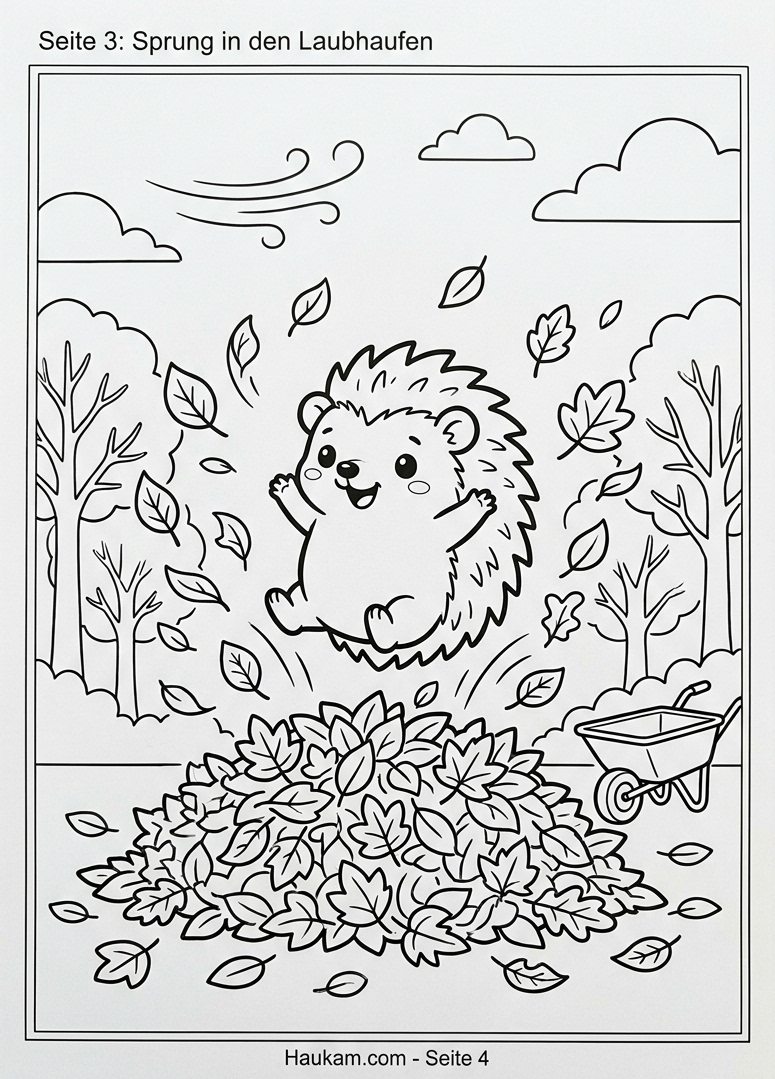 Ausmalbild Herbst für Kinder: 5 zauberhafte Ausmalvorlagen mit Igel-Geschichte zum kostenlosen Ausdrucken 3 „Ausmalbild Herbst: Igel Finja springt fröhlich in einen großen, vom Wind aufgewirbelten Laubhaufen"
