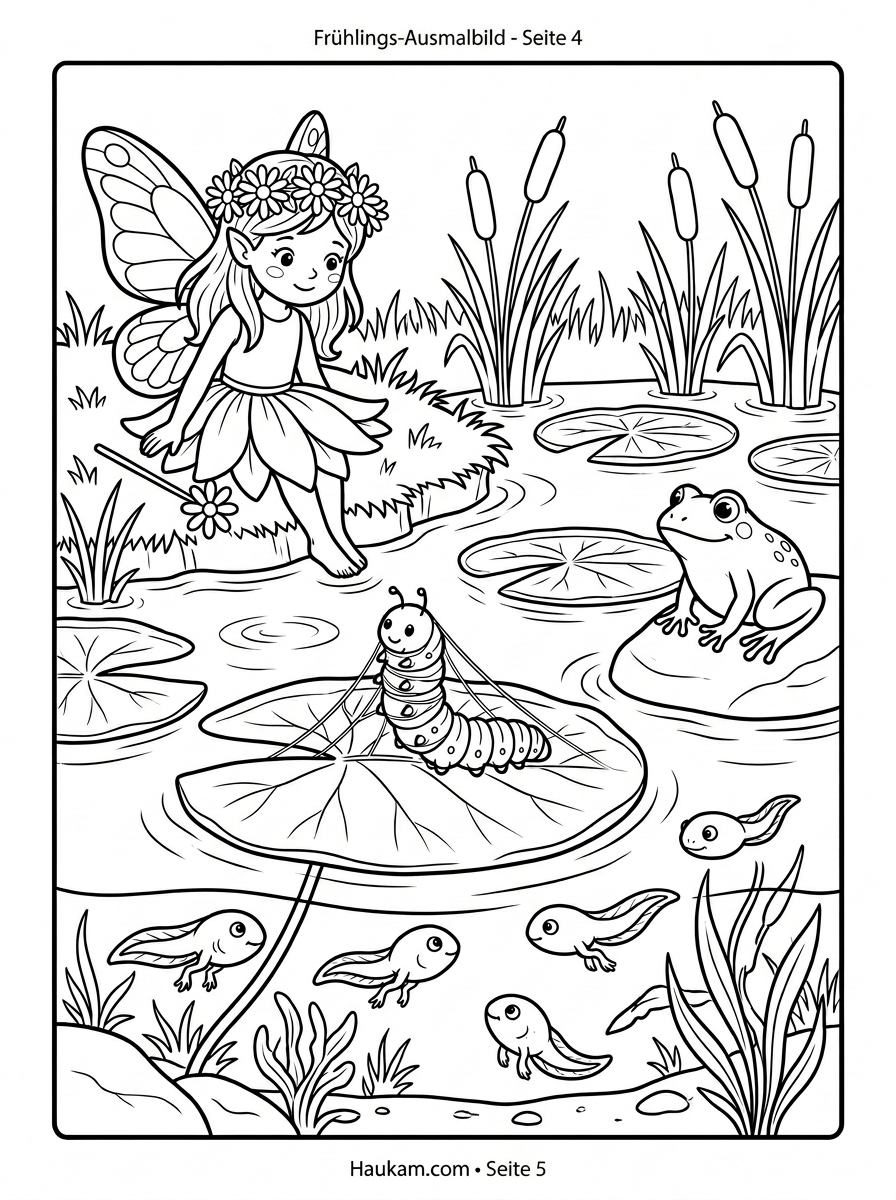 Ausmalbild Frühling : 5 zauberhafte Malvorlagen für Kinder zum kostenlosen Ausdrucken 4 Ausmalbild Frühling: Eine Raupe spinnt ihren Kokon am Teich, umgeben von Kaulquappen, einem Frosch und Seerosenblättern