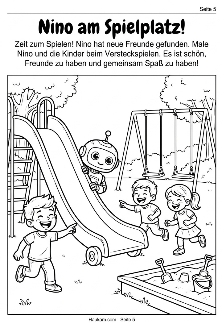 Ausmalbilder Roboter zum Ausdrucken: 5 kostenlose Malvorlagen für kleine Technikfans 4 Ausmalbild Roboter Nino spielt Verstecken mit Kindern auf dem Spielplatz, Malvorlage zum Ausdrucken