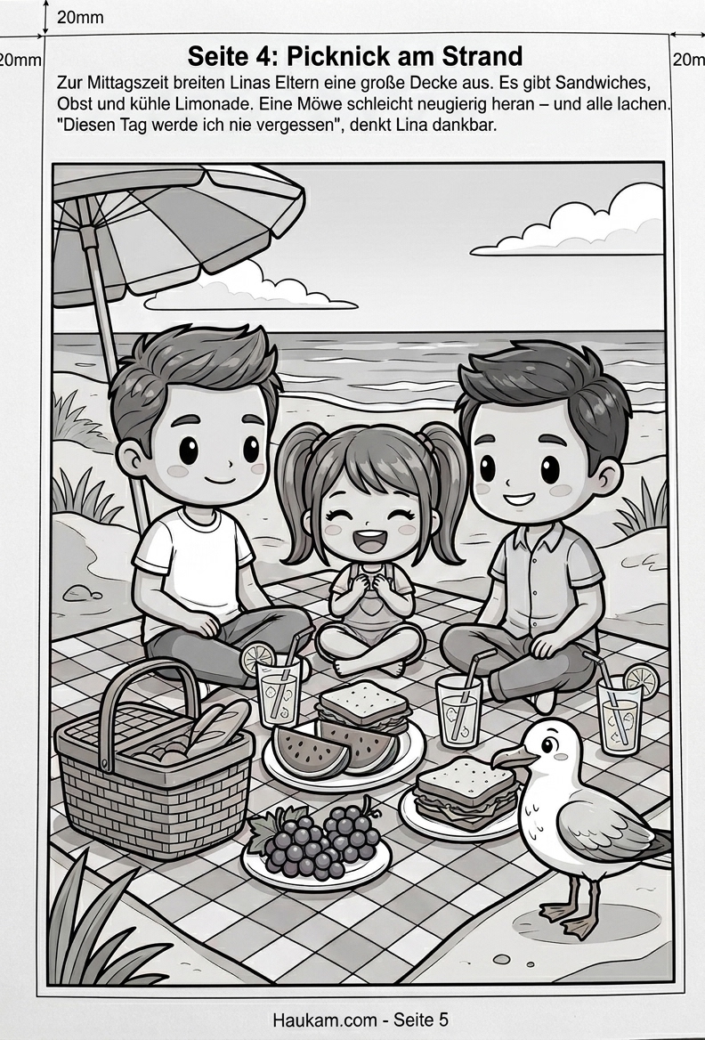 Ausmalbild Strand für Kinder: 5 kostenlose Ausmalbilder zum Ausdrucken mit einer Sommergeschichte für kleine Strandentdecker 4 Ausmalbild Strand: Familie sitzt beim Picknick auf einer Decke am Strand, eine Möwe nähert sich neugierig – kostenlose Malvorlage