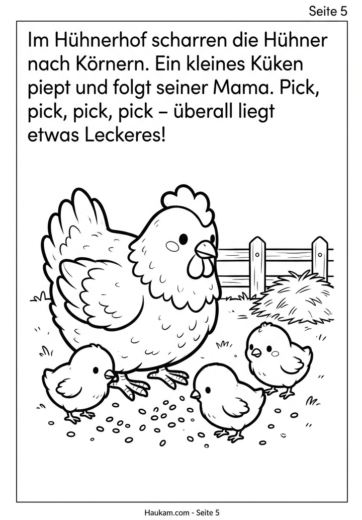 Bauernhoftiere Ausmalbilder zum Ausdrucken: Eine Hofgeschichte mit 5 Malvorlagen für Kinder 4 Schwarz-weißes Ausmalbild einer Hennenmutter mit Küken beim Picken, Malvorlage Bauernhof