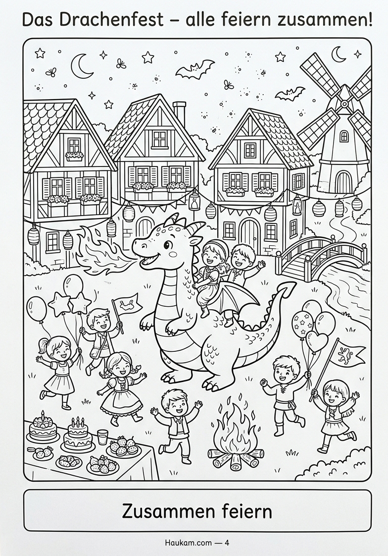 Drache Ausmalbild mit Geschichte: 5 zauberhafte Malvorlagen für Kinder, die Abenteuer lieben und träumen 4 Drache Ausmalbild Seite 4 – Drache Funken feiert mit Kindern auf dem Dorfplatz, Lampions und Lagerfeuer, detailreiche Ausmalseite