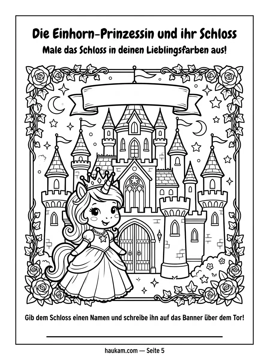 Einhorn Ausmalbilder kostenlos ausdrucken für Kinder: 5 zauberhafte Malvorlagen, die kleine Künstlerherzen höherschlagen lassen 4 Einhorn Malvorlage kostenlos ausdrucken – gekrönte Einhorn-Prinzessin vor Märchenschloss mit vier Türmen, Bogenfenstern und Rosenblüten auf dem Steinweg, schwarzweiße Ausmalvorlage für Mädchen zum Ausdrucken